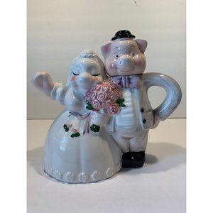 Bride Groom Pig Teapot White Dress Pink Flowers Gray Suit Black Hat Taiwan